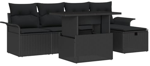 vidaXL 6-teiliges Gartensofa-Set mit Kissen in Schwarz aus Poly Rattan – Bequeme modulare Sitzgarnitur für Terrasse, Lounge und Moderne Sofas