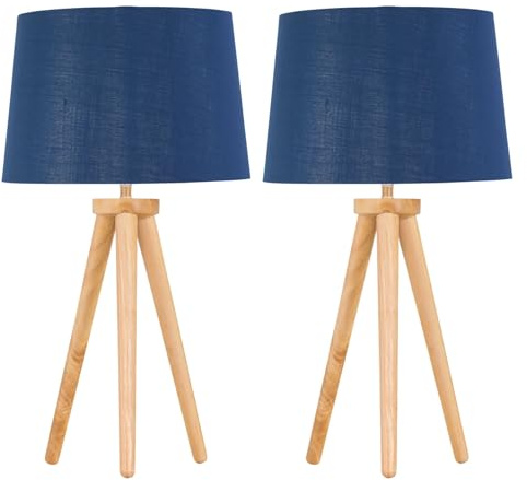 Set of 2 Modern Light Oak Table Lamp or Bedside Lights, Wood Tripod Design, Navy Silver Inner Shades