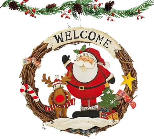 Spetsbst Weihnachtskranz Geflochten Ø 25 cm Weihnachten Kranz Dekoratione für Aufhängen Türkranz Weihnachtsmann Weihnachtsdeko Tür Kranz Welcome für Weihnachten