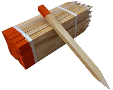 50 Stück Holzpfähle aus Buche Orange Lackierter Spitze Quadratisch Längen 80 cm Markierungspfosten Holz Robuste Holzpflöcke Pflanzstäbe Zaunpfosten Vermessungspfosten 25 mm x 25 mm