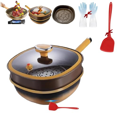 Yagerod 12in Titanium Alloy Non-Stick Pot with Lid, Titanium Pans for Cooking, Multi-Purpose Deep Saute Pan with Steamer Basket, Non Stick Frying Pot, for Home Kitchen Camping (Pot+Lid+Steamer)