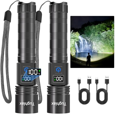 Tughlax LED Rechargeable Flashlights 9900 High Lumens 2Pack, Super Bright Flashlight, Zoomable Powerful Camping Flashlights with LCD Digital Display, 5 Modes Waterproof Flash Light for Home