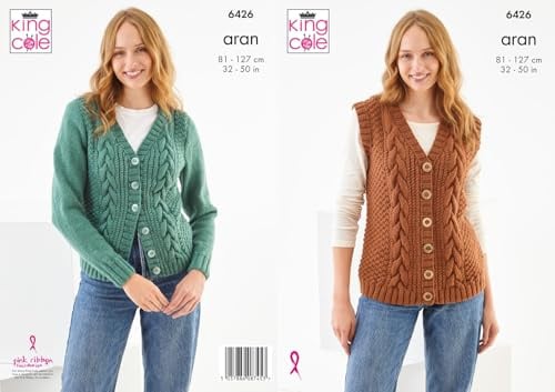 King Cole 6426 Knitting Pattern Womens Aran Cable Waistcoat & Cardigan