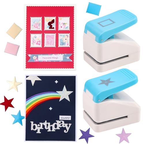 2 Stk Papierlocher, Stempellocher & 3,5 cm sternförmiger Locher, rechteckiger Poststempel Lochstanzer 3D Sterne Bastellocher Schneidewerkzeug für Papierbasteln Kartenherstellung Journaling DIY