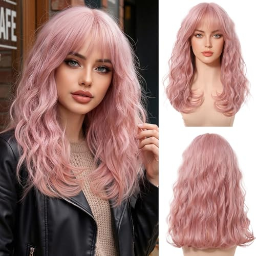 OUFEI Lange Gewellte Rose Kunsthaar Perücke Pony für Damen Alltag Party