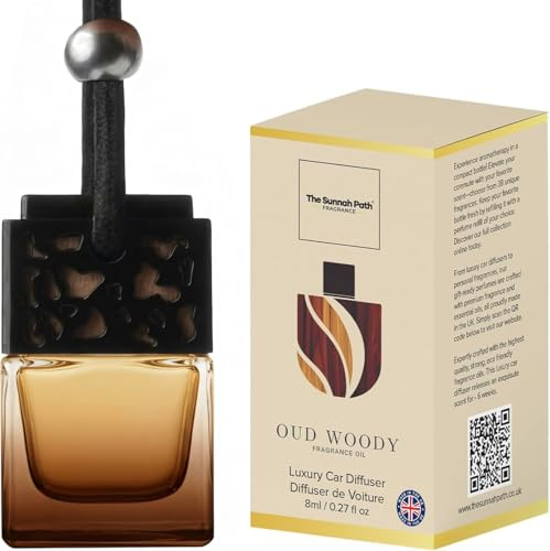 OUD WOODY Car Air Freshener – Premium Hanging Car Diffuser with Wooden Lid | Strong Automotive Air Freshener with Odour Eliminating Technology | Long Lasting | OUD WOOD FRAGRANCE