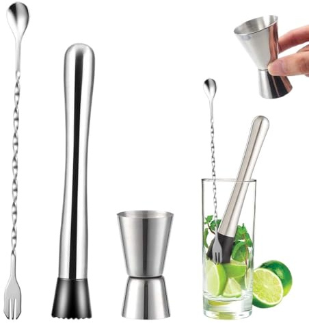Misurino Doppio per Cocktail, 1 misuratori per liquori a doppia funzione, 1 cucchiaio da bar con manico corto e 1 cucchiaio di ghiaccio, Per Bar, Discoteche, Party, Feste, Cocktail, Shaker