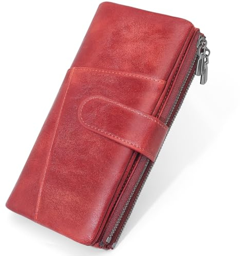 REETEE Portefeuille Femme Grand Format Cuir PU Porte Monnaie Femme Vintage Blocage RFID Porte Feuille pour Femme avec Grand Porte-Monnaie Zippé 23 Emplacements de Cartes Long Portefeuilles (Rouge)