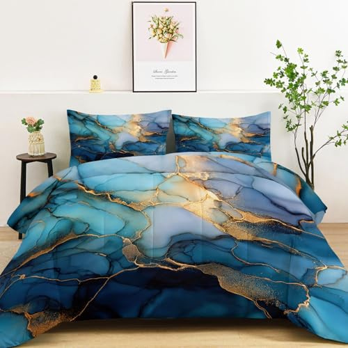 Bettdecke 135x200cm 4 Jahreszeiten Feines Goldenes Marmor-Muster Wende Steppdecke, Warme & Weiche Ganzjahresdecke Himmelblau Bettdecke ohne Bezug - Waschbar Schlafdecke mit 2 Kissenbezug 80x80cm