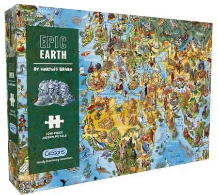 Gibsons Epic Earth 1000 Teile Puzzle für Erwachsene - Illustrierte Weltkarte von Hartwig Braun - Anspruchsvolles pädagogisches Geographie-Puzzle - Premium Nachhaltiges Geschenk für Kartenliebhaber