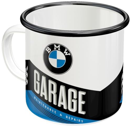 Nostalgic-Art Tasse en émail rétro, 360 ml, Official License Product (OLP), BMW – Garage – Idée de cadeau pour fans de BMW, mug de camping, design vintage