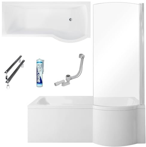 ECOLAM Duschbadewanne Inspiro 160x70 cm + Schürze RECHTS I Set Badewanne + Badewannenabtrennung I Duschwand Eckbadewanne Ablaufgarnitur Füße Silikon Acryl weiß