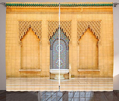ABAKUHAUS Architecture Curtains, Photo of Moroccan Style Fountain with Folkloric Mosaic Tiles, Living Room Bedroom Window Drapes 2 Panel Set, 89 L X 110 W, Pale Orange Multicolor