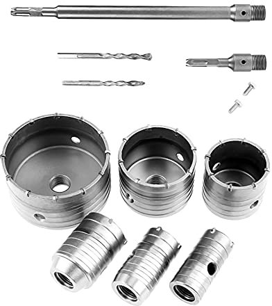 Taladro de pared de hormig¨®n con mango redondo, 10 piezas juego de brocas con 2 tornillos de bloqueo y 2 puntas piloto, 35 mm, 40 mm, 50 mm, 65 mm, 80 mm, 110 mm para cortar agujeros limpios