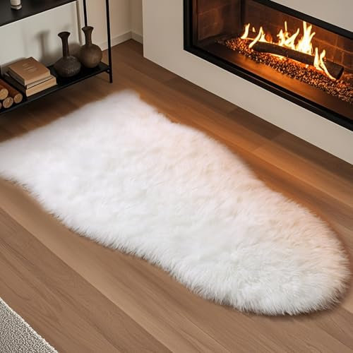 iHeroo Faux Lammfell Schaffell Teppich, 75x120 cm Weicher Flauschiger Teppich Wohnzimmer, Longhair Fell Optik, Lammfellimitat Carpet für Stühle Sofa Schlafzimmer, Weiß
