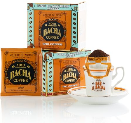 Bacha Coffee - Café 1910 Arômes Délicats - 12 Sachets Individuels de 12g | Arômes Fruité - 100% Arabica avec filtre intégré - Torréfaction Medium - Format Nomad - Caféiné