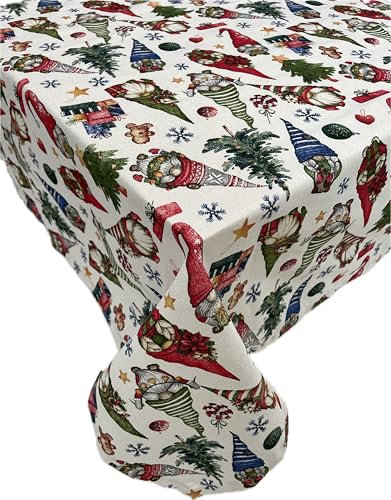1KDreams Weihnachtstischdecke Zwerge Elfen Lurex Glitzereffekt, modern und traditionell, rechteckig (130 x 240 cm)