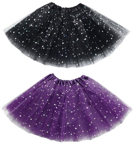 EUPSIIU 2 Stücke Tütü Star Minirock, Tüllrock Kinder Mädchen Röcke Tutu, Prinzessin Tüllrock, 3 Schichten Tüll Paillette Ballett Tanz Rock für Karneval Geburtstag Halloween Party (Schwarz, Lila)