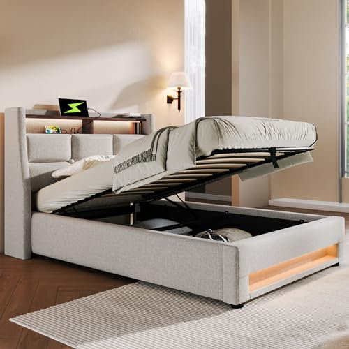 Polsterbett 90x200, Einzelbett mit Stauraum und Lattenrost, LED Kopfteil mit Staufach und USB Ladefunktion, Hydraulisch Stauraumbett Funktionsbett Rückenlehne Bettgestell, Leinen, Ohne Matratze Beige
