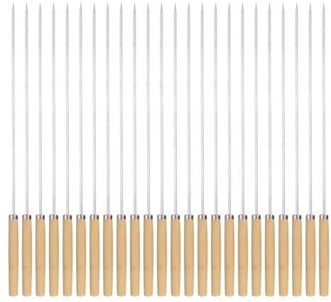 sourcing map 24pcs Metal Kebob Skewers 35cmx3.5mmx1mm Stainless Steel Flat Sticks with Wood Grip Handle Reusable BBQ Barbecue Skewers Outdoor Grill Grilling Stick for Meat Fruit Vegetables
