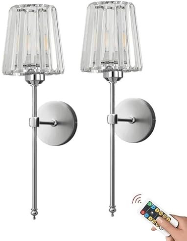 Modern Wireless Wall Sconces Battery Operated Wall Lights Set of 2, Not Hardwired USB Rechargeable Wall Lamps, Dimmable Clear Glass Lighting Fixture for Bathroom Bedroom Vanity Living Room Hallway(Sil