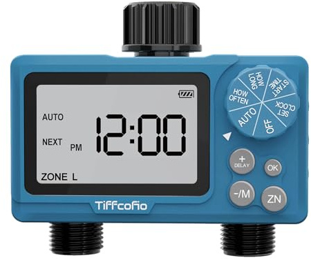 TiFFCOFiO Sprinkler Timer Outdoor, Digital Programmable for Garden Hose, Irrigrtion Timer with Rain Delay and Manual Mode (2 Oulets, 1 Pack)