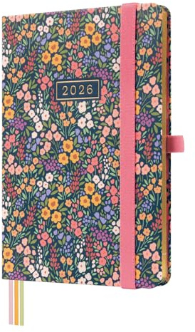 Finocam - Kalender 2026, Wochenansicht, Queransicht, Januar - Dezember (12 Monate), Jahresplaner 2026, mit Gummizug und 3 Punktbändern, Hardcover, Minimales Design, Flora, Spanisch