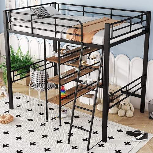 Letto a soppalco con telaio robusto, scrivania integrata e versatili, con ringhiera e scala sicura, salvaspazio per camera dei ragazzi o degli ospiti