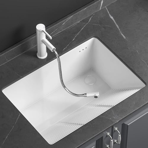 Lavandino Bagno con Asse per Lavare Integrata, in Ceramica, Installazione a Incasso, Lavandino per Il Bagno, con Kit di Scarico, per Mobile Bagno Lavanderia(345mm/13.6in)
