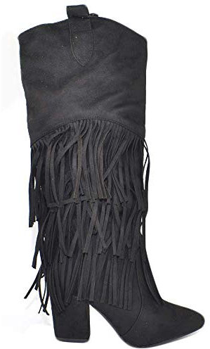 Stivali Donna Texani camperos in camoscio Nero con Frange Lunghe e Tacco Western Altezza Ginocchio Moda Glamour Luxury (38 EU)