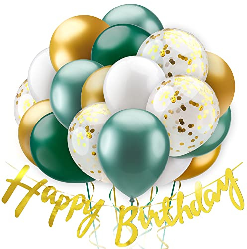 Balloono 60er Set Luftballons Geburtstag mit Happy Birthday Banner - all-in-one Geburtstagsdeko - Deko Geburtstag - Ballons Geburtstag - Grün Gold Weiß