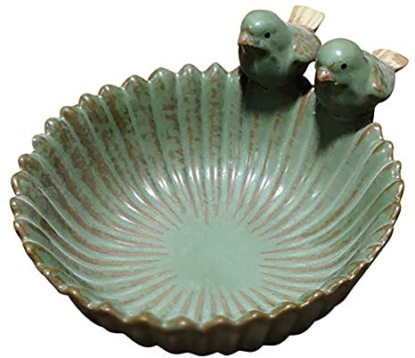 Vogeltränke mit Vögelchen Keramik Vogelfutterspender, Garten Vogelbad Vogelbecken Futterschale Vogelbecken Garten Deko Frostfest (D/16 * 16 * 10cm)