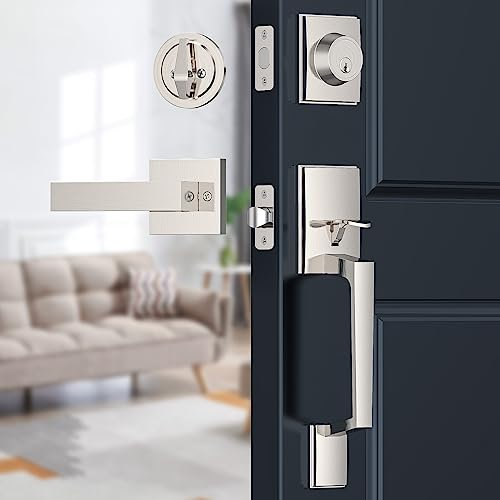 Brightify Satin Nickel Front Door Handle, Satin Nickel Door Handle with Door Lever, Front Door Handle Set, Adjustable Deadbolt Lock Set with Single Cylinder, Reversible for Right&Left
