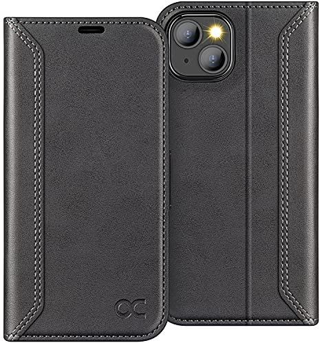 OCASE Retro Hülle iPhone 13 Handyhülle Schutzhülle Klapphülle Handytasche Lederhülle Flip Case Cover Tasche Etui Kompatibel für iPhone 13 5G Matt-schwarz 6,1 Zoll
