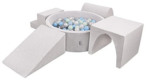 KiddyMoon Spielplatz Aus Schaumstoff Mit Rund Bällebad (200 Bälle) Ballgruben Für Babys Spielbad Hindernisläufen, Hergestellt In Der EU, Hellgrau:Perle/Grau/Transparent/Babyblue/Minze