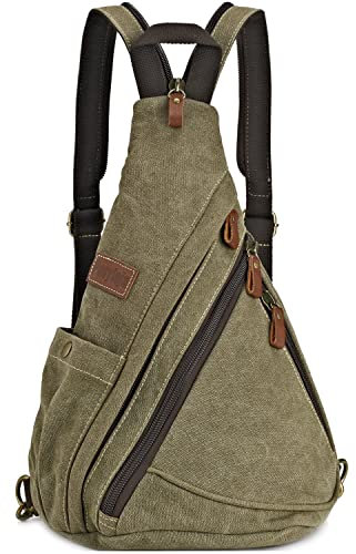 Poeyleja Canvas Sling Bag Crossbody Brusttasche Rucksack Schultertasche Umhängetasche für Radfahren Camping Wandern Reisen Schule für Herren Damen (Armeegrün)