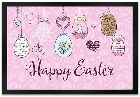 speecheese Happy Easter Ostern Fußmatte XL in 40x60 cm mit Ostereier-Motiv in rosa als schöne Frühlings- oder Osterdekoration für Haus und Garten und um deinen Besuch willkommen zu heißen