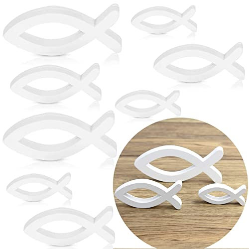 DAHI 18pcs Holzfische Deko Taufe Deko Großer Fisch in Weiß Blau für Taufe, Kommunion und Konfirmation(white max))