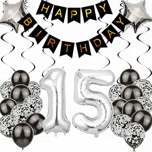 Kiwochy Luftballon 15. Geburtstag Dekoration - Black and Silber Party Deko für Junge und Mädchen - Geschenk 15 Jahre