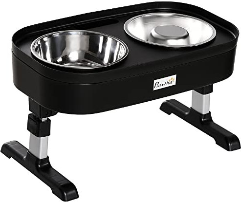 PawHut Comedero Elevado para Perros de 4 Alturas Ajustables Comedero Doble para Perros con Tazón 1000 ml y Tazón Lento 600 ml de Acero Inoxidable 43x25x30 cm Negro