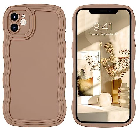 DOMAVER Case for iPhone 12 Case with Cute Curly Wave 6.1 inch, TPU Silicone Slim Fit Shockproof Phone Cover for Girls Women Men, Full Body Protective iPhone 12 Cover, Khaki/Brown