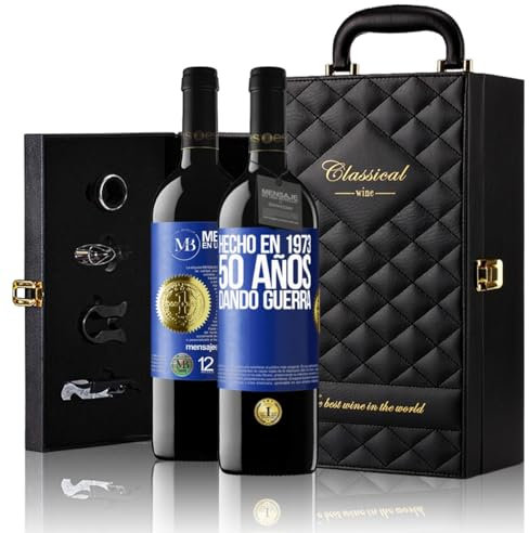 «Hecho en 1970 50 años dando guerra» Mensaje en una Botella. Estuche-Maletín de LUJO 2x Vino Tinto Premium Reserva 12 Meses y Set de 4 Accesorios. Etiqueta Azul PERSONALIZABLE