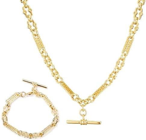 THE BLING KING Luxury Set Gold Stars and Bars T-Bar Chain Necklace and Bracelet for Kid, Teens & Women (Chain: 16 inches, Bracelet fits 6-6.5 inches)