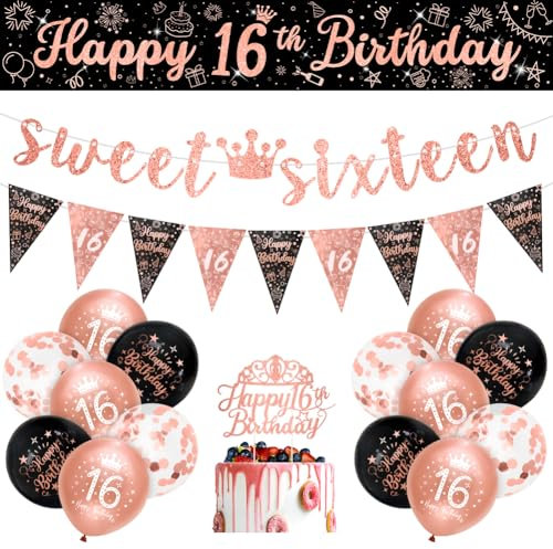 Girls 16th Birthday Decorations Black Rose Gold Sweet Sixteen Decorations 16 Pack Girls Happy 16th Birthday Banner Bunting Kit by Sheinly