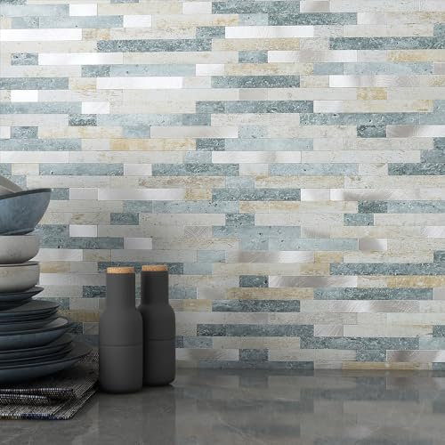 MOFIT - Piastrelle autoadesive 3D in mattoni in pietra, per cucina, piastrelle autoadesive da parete, piastrelle a mosaico lineari in marmo per bagno, camino, vanità (blu, verde, grigio, 10 fogli)
