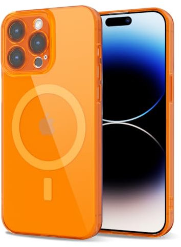 Svanove for iPhone 14 Pro Case Clear Compatible with Magsafe, Fluorescent Transparent Magnetic Magnet Mag Case, Slim Thin Bright Silicone Grip & Shockproof Bumper Camera Cover, Neon Orange