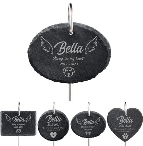 papasgix Personalisiert Grabstein Hund Katze Herzform Tiergrabstein Schiefer mit Gravur Grabschmuck Wetterfest mit vielen Motiven Gedenkstein für Haustiere Tiere (Hook+Grau Oval)
