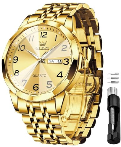 OLEVS Watches for Men Gold Stainless Steel Analog Quartz Diamond Business Luxury Dress Waterproof Luminous Date Casual Mens Wrist Watches