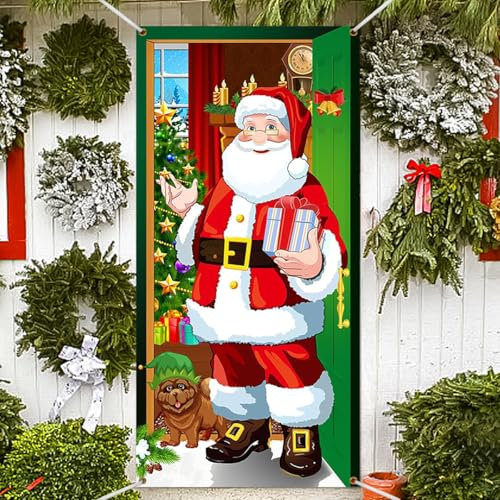 HEKOBAG 200 * 90cm Cubierta de Puerta de Navidad + Cuerda 10m, Decoracion Navideña Entrada Exterior Interior Casa, Tela Cortina Decorativa Pancarta Cartel Telón Fondo(Papá Noel)