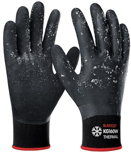 KAYGO Thermo Wasserdichte Arbeitshandschuhe, Gefüttert Kältebeständig, Doppel Latex Beschichtet, Isolierte Arbeitshandschuhe für Kühlhaus Winter Arbeit Garten (Schwarz, M, Gr 8, 1 Paar)